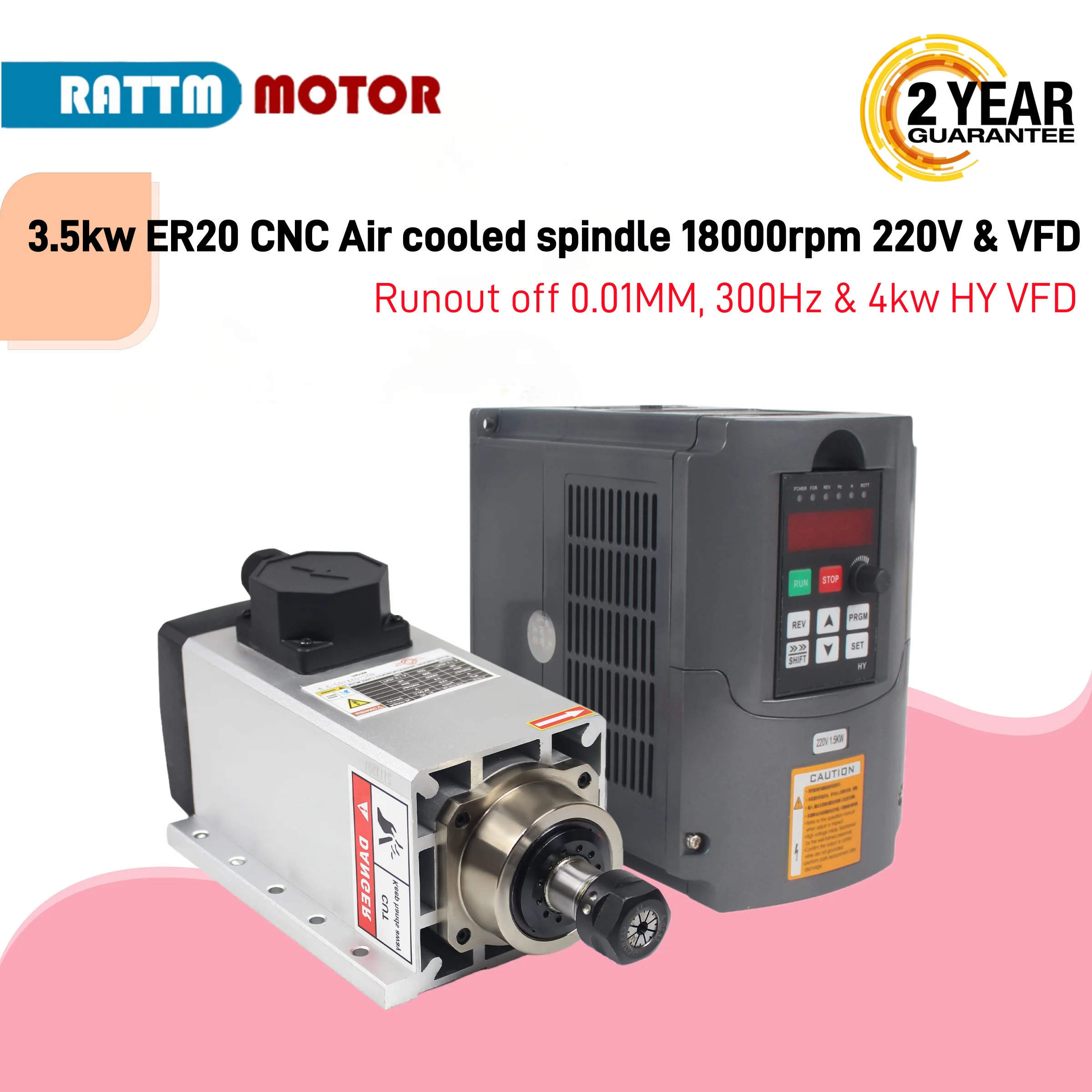 3.5kw ER20 CNC Air cooled spindle motor 300Hz 18000rpm 220V + 4KW HY Inverter VFD + ER20 Spring Collet For Router Milling Lathe