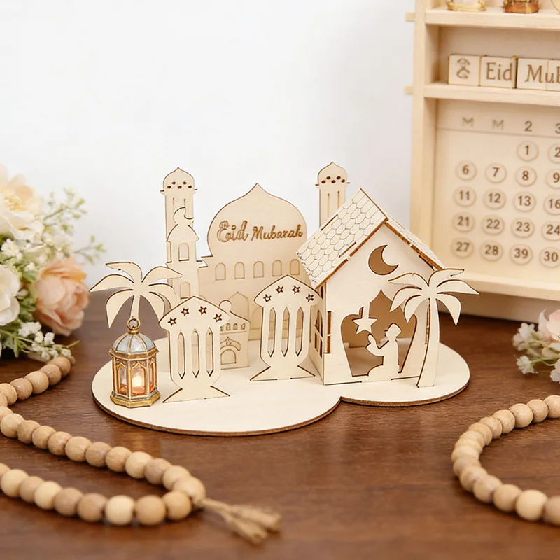 1 satz Islamische Burg Tisch Ornamente Eid Mubarak Holz DIY Puzzle für Home Dekoration 2026 Ramadan Muslimischen Party Liefert Geschenke