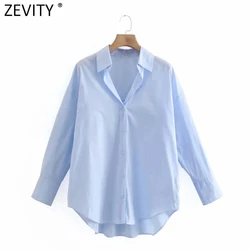 Zevity New Women Simply Turn Down Collar Solid Single Breasted Poplin Shirts Office Lady Blouse Roupas Chic Chemise Tops LS9110