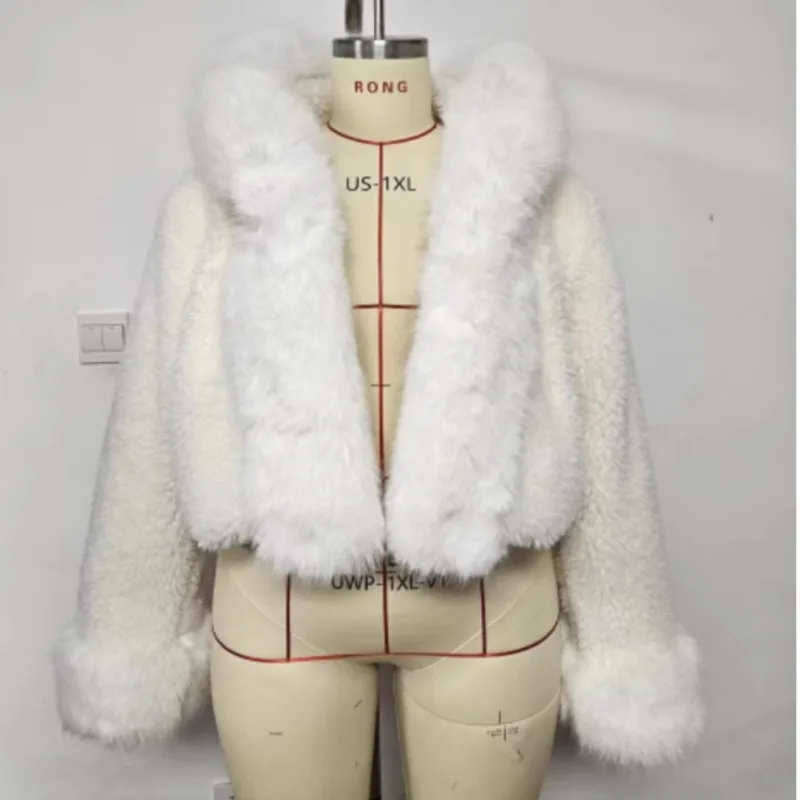 Winter White Hooded Faux Fur Jacket Women Fashion Fluffy Patchwork Thick Warm Fluffy Plush Short Coat 2025 Lady High Streetwear