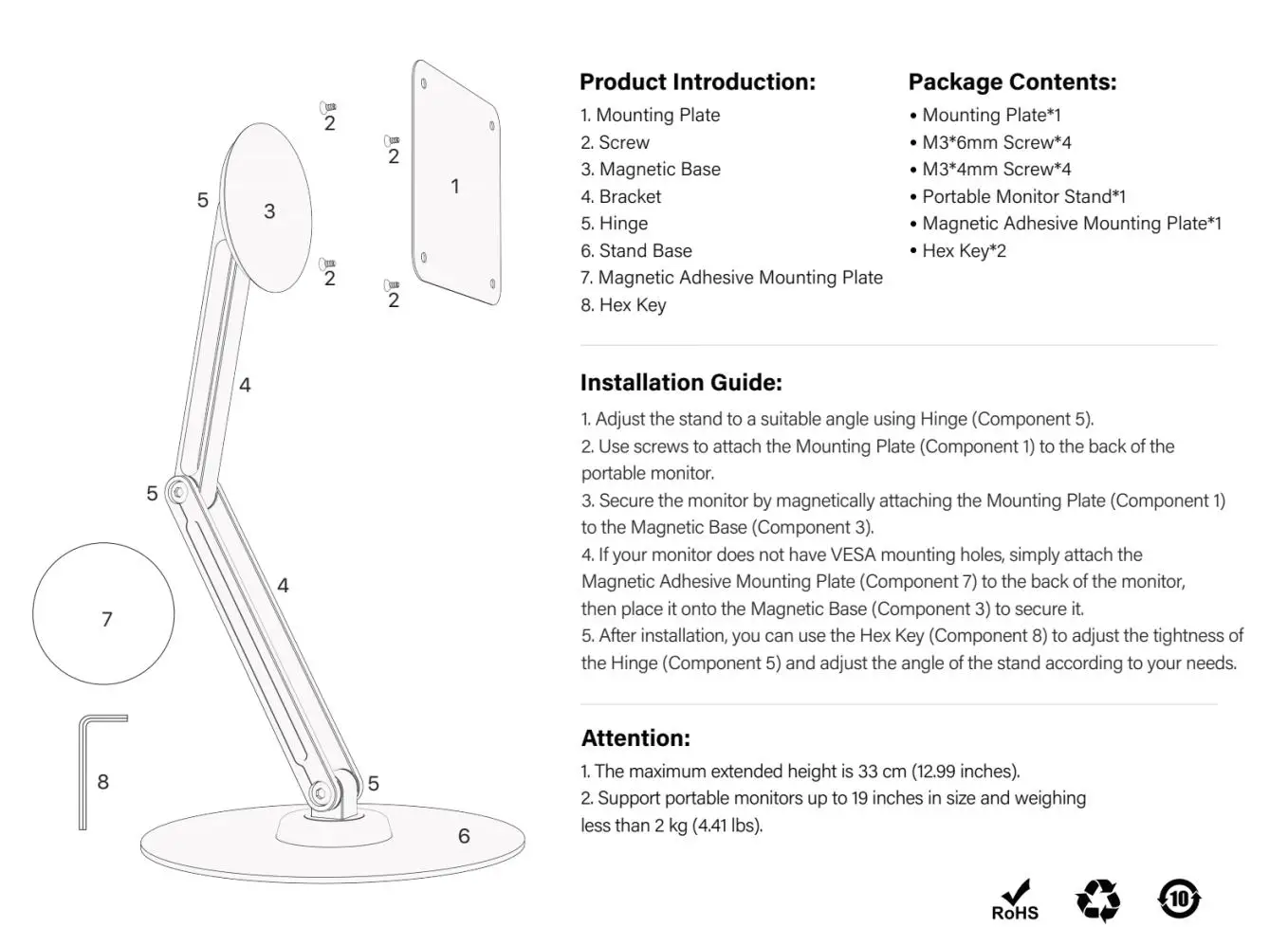 UPERFECT Metal Magnetic Bracket VESA 2 IN 1 Stand Max Support 19" Portable Monitor with Adjustment Holder For 7"-19" Dispalys