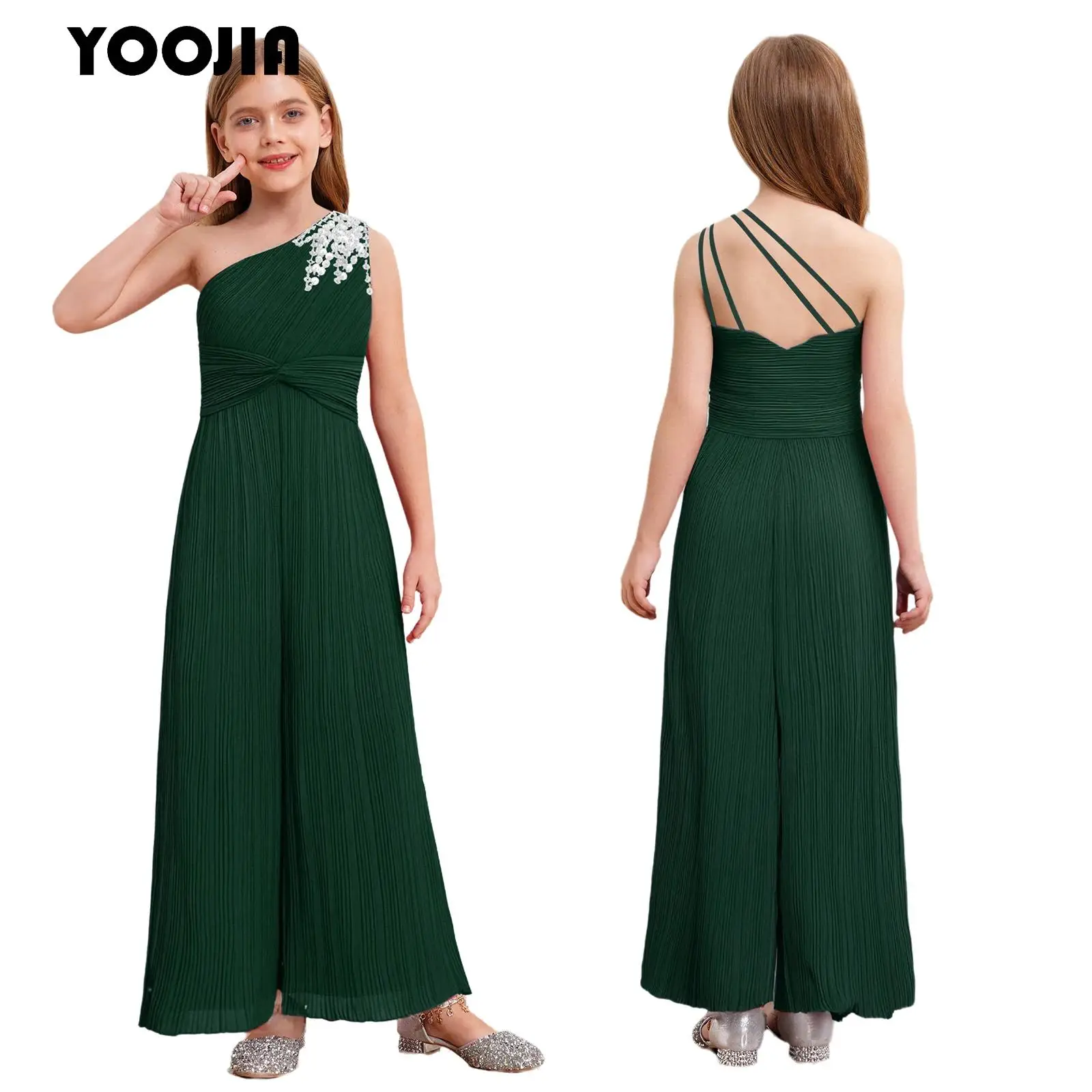 

Kids Girls One Shoulder Jumpsuit Pleated Beading Wide Leg Chiffon Pants Festive Romper for Wedding Party Communion Pageant Prom