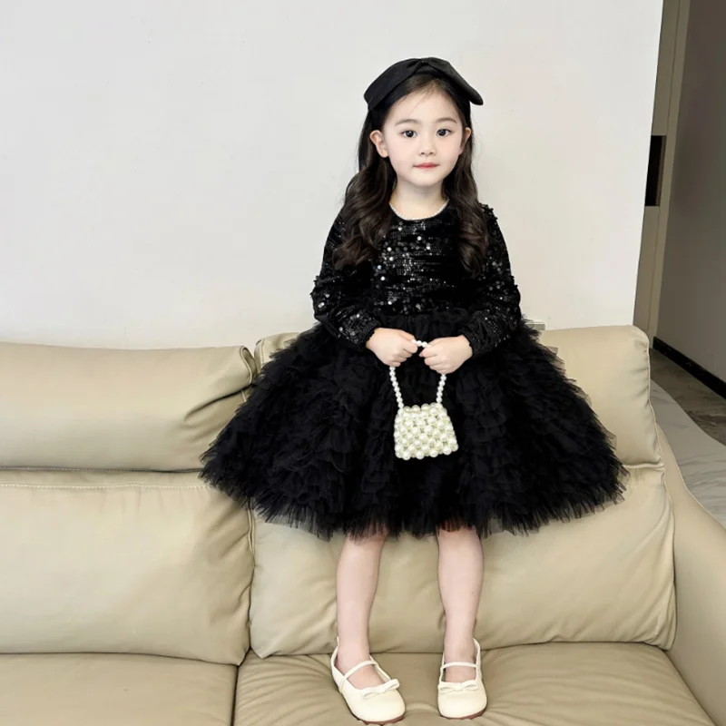 

Children New Autumn Black Princess Ball Gown Girls Fashion Cute Sequins Design Long Sleeve Dress g165