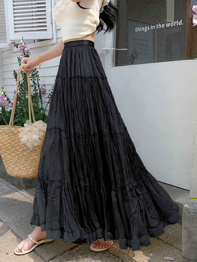 Vrouwen 2025 zomer nieuwe hoge taille effen kleur A-lijn lange patchwork rokken Franse stijl mesh elegante afslankrok