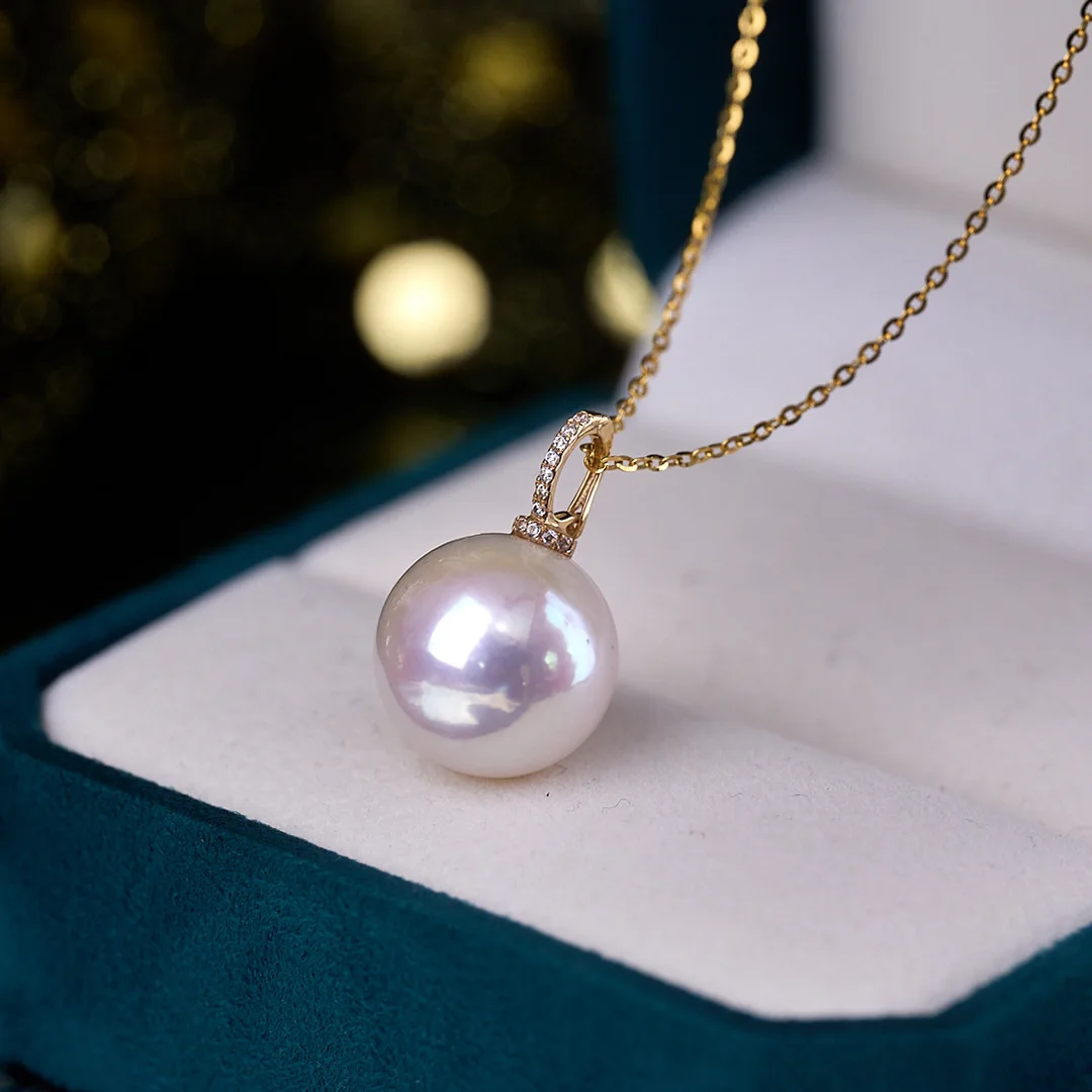 12-13mm Natural Freshwater Pearl Pendant, Aurora Perfect Round Choker 18K Gold Clasp, with Free 925 Chain Gift