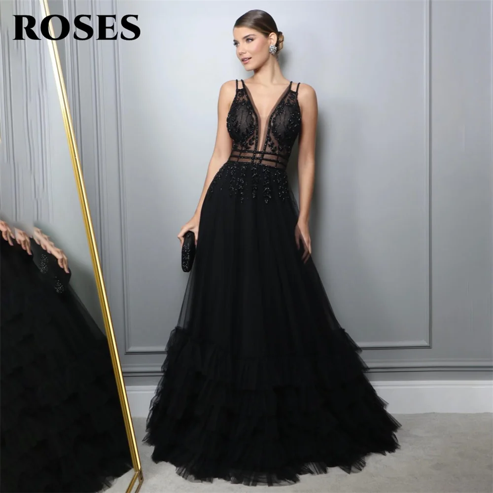 ROSES A Line Tank Black Evening Dresses Net Beading V Neck Prom Gown Embroidery Tiered Party Dress vestidos de noche Customized