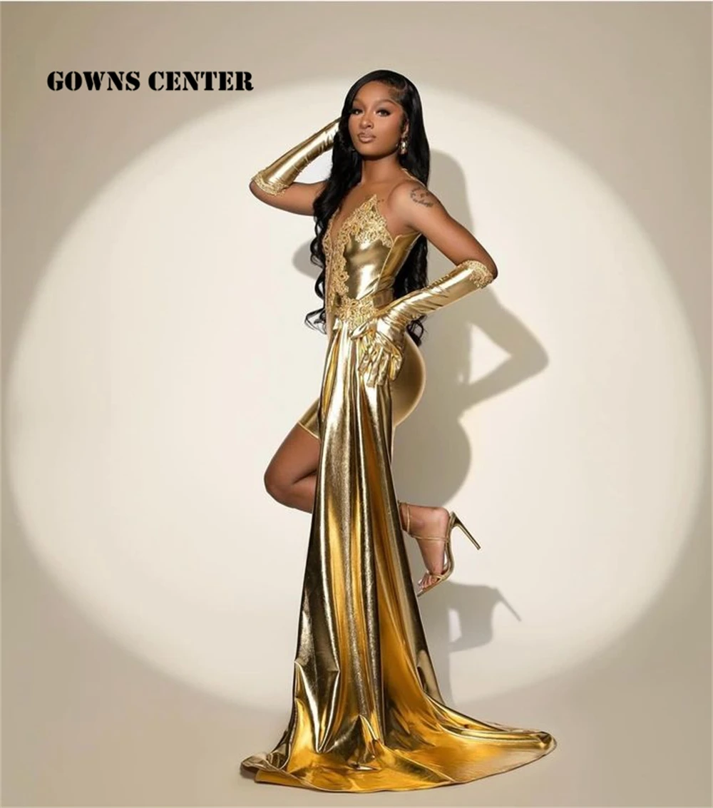 Must Buy Golden Shinny Beading Short Prom Gown With Gloves And Train Mermaid Birthday Dress vestidos de graduación Customized