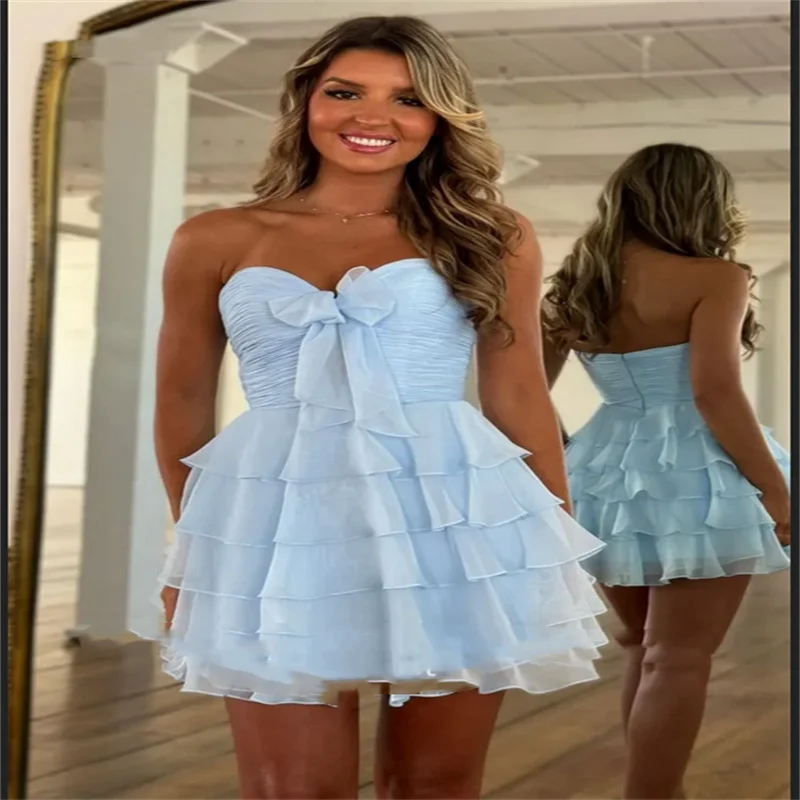 Rüschen trägerlose Abendkleider Chiffon Mini kurzes Cocktailpartykleid elegante Falte A-Linie Ballkleider 2025, individuell gestaltet