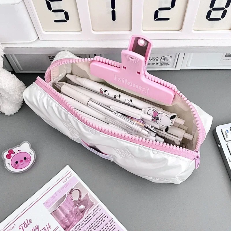 1 Piece Ins Style Student Simplicity Korean Pencil Pouch White Pink Color Bow Pencil Bag Large Capacity Stationery Storage Bag