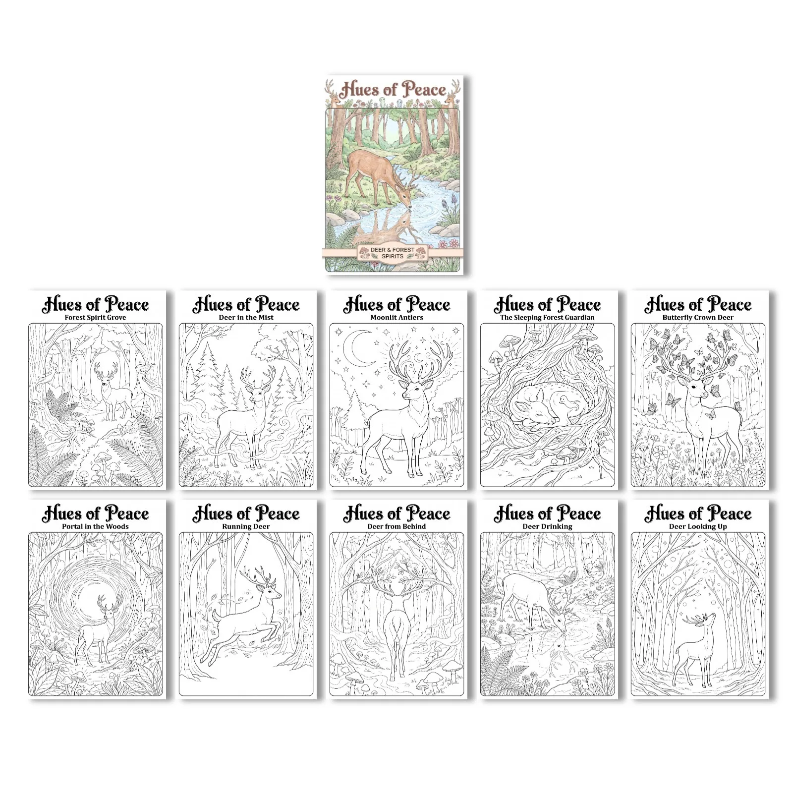 10Pcs Per Pack Deer & Elf Healing Coloring Posters Adult Hand‑drawn Stress‑Relief Graffiti Book Kawaii Holiday Gift