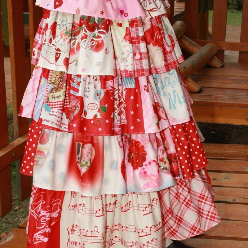 Womens Vintage Kawaii Korean Y2K Cartoon Print Tiered Maxi Skirt Party Birthday High Waist A-Line Multi-Layer Ruffle Long Skirts