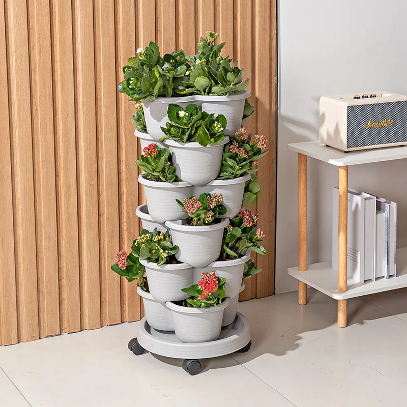 Strawberry Planter Pot Plastic Stackable Vertical Flowerpots Universal Wheel Tray Plant Seedling Holder For Herbs Home Gardening