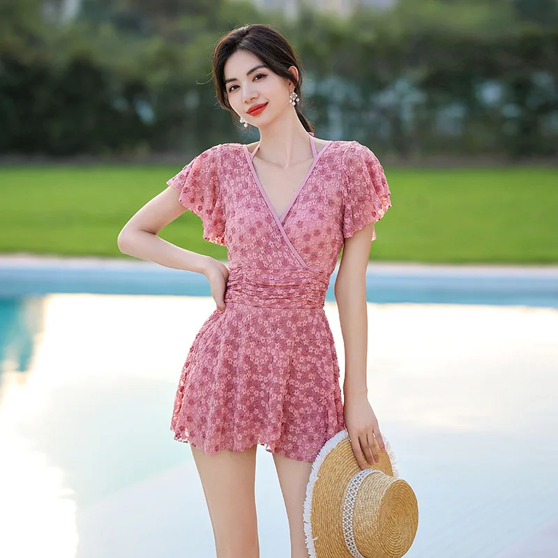 2024 New Mesh Floral Embroidery One Piece Swimsuit Women High Waist Pink Blue Skirt Sexy V-neck Backless Beach Holiday Swim Wear