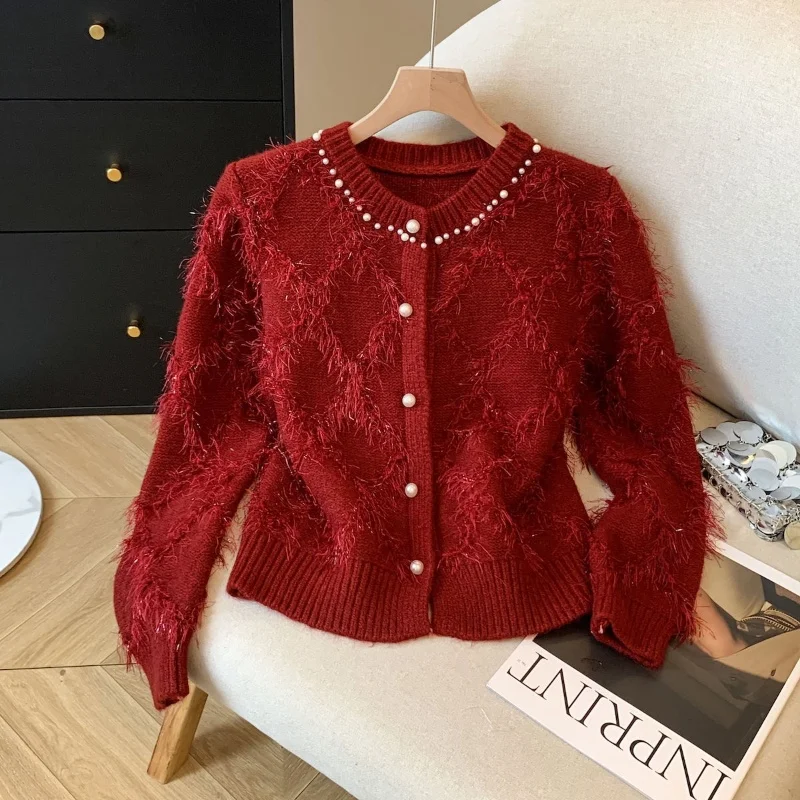 

Рождественский роскошный кардиган с бисером, свитер, пальто для женщин, осень-зима, свободные вязаные топы с длинными рукавами, женская одежда