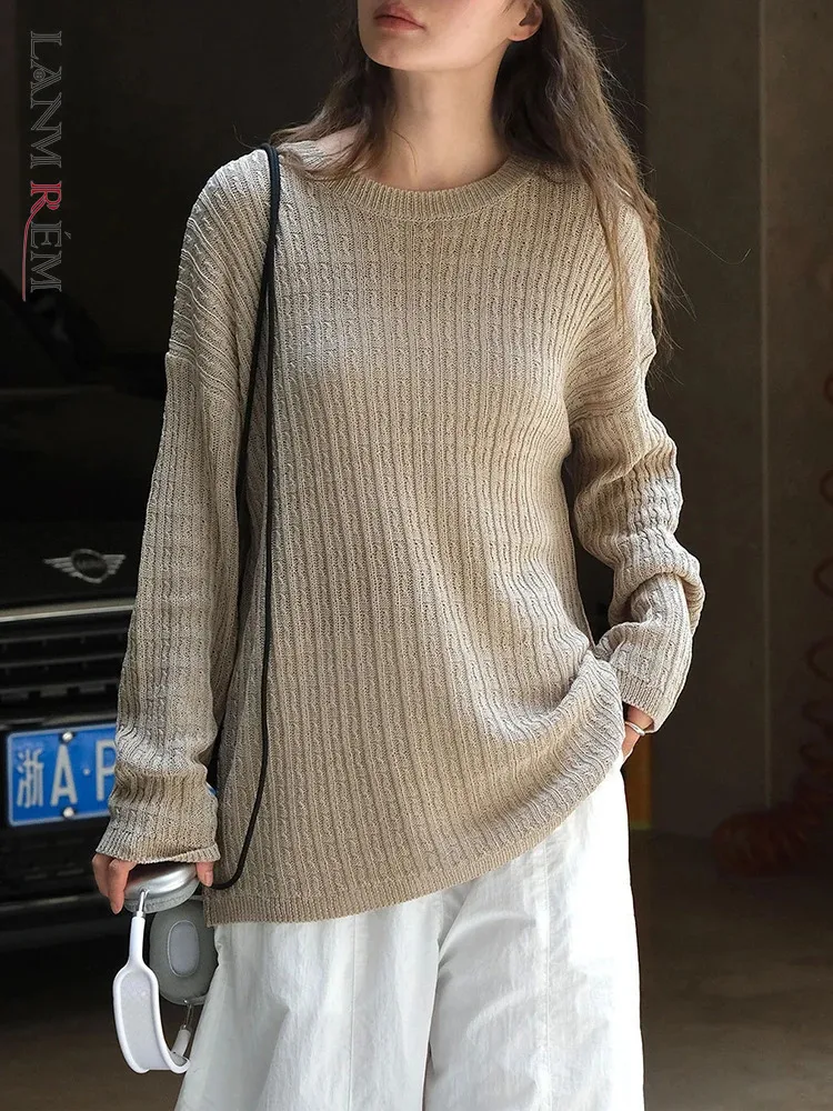 

[LANMREM] Minimalism Knitting Pullover Sweater For Women Round Neck Long Sleeve Loose Tops Fashion 2025 Spring New 26C303