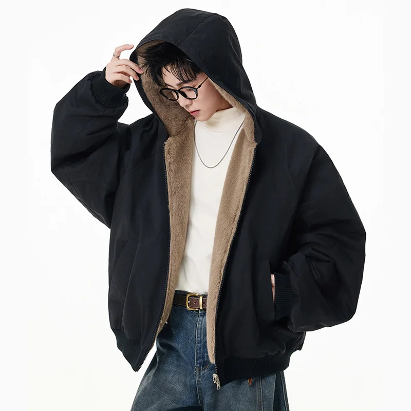 

Winter Double Side Wearable Bomber Jacket Men Streetwear Fashion Vintage Fur Thicken Warm Hooded Jacket Boyfriend Coat Outerwear