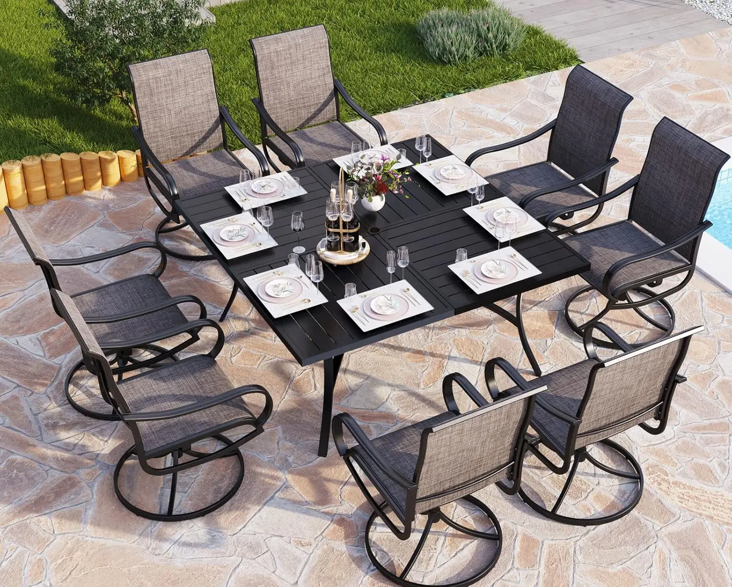 

PHI VILLA 9 Pcs Patio Dining Set with Large Square Metal Dining Table & 8 Outdoor Textilene Fabric Swivel Dining Chairs table