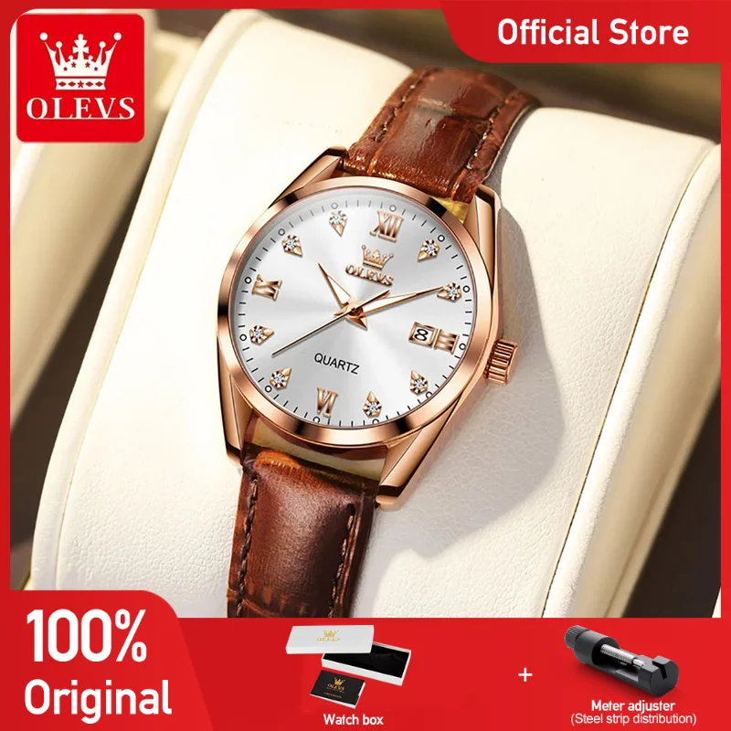 OLEVS 5522 Women Watch Quartz Wristwatch Automatic Date Leather Strap Waterproof Luminous Watch Bracelet Set Ladies' Gift Box