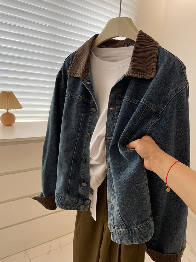 

Retro Korean Style Corduroy Patchwork Lapel Denim Jacket Women's Loose Lazy Style Spring Autumn New Arrival Casual Top