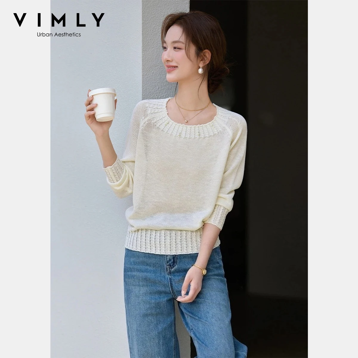 

Женский универсальный вязаный пуловер VIMLY, новинка весны 2026, модный однотонный свитер с открытыми плечами, декорированный бисером, повседневный, с длинными рукавами, 75309
