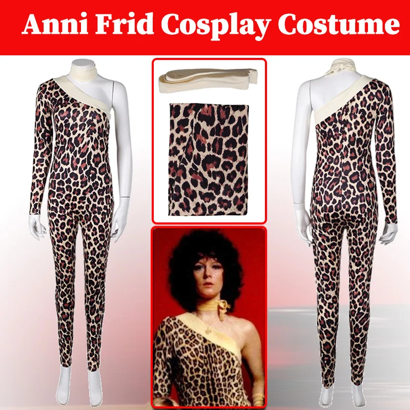 Band Anni Frid Cosplay Costume Women Retro Leopard Printed Jumpsuit Outfits Female Neck Scarf Halloween Party Role Play Suits