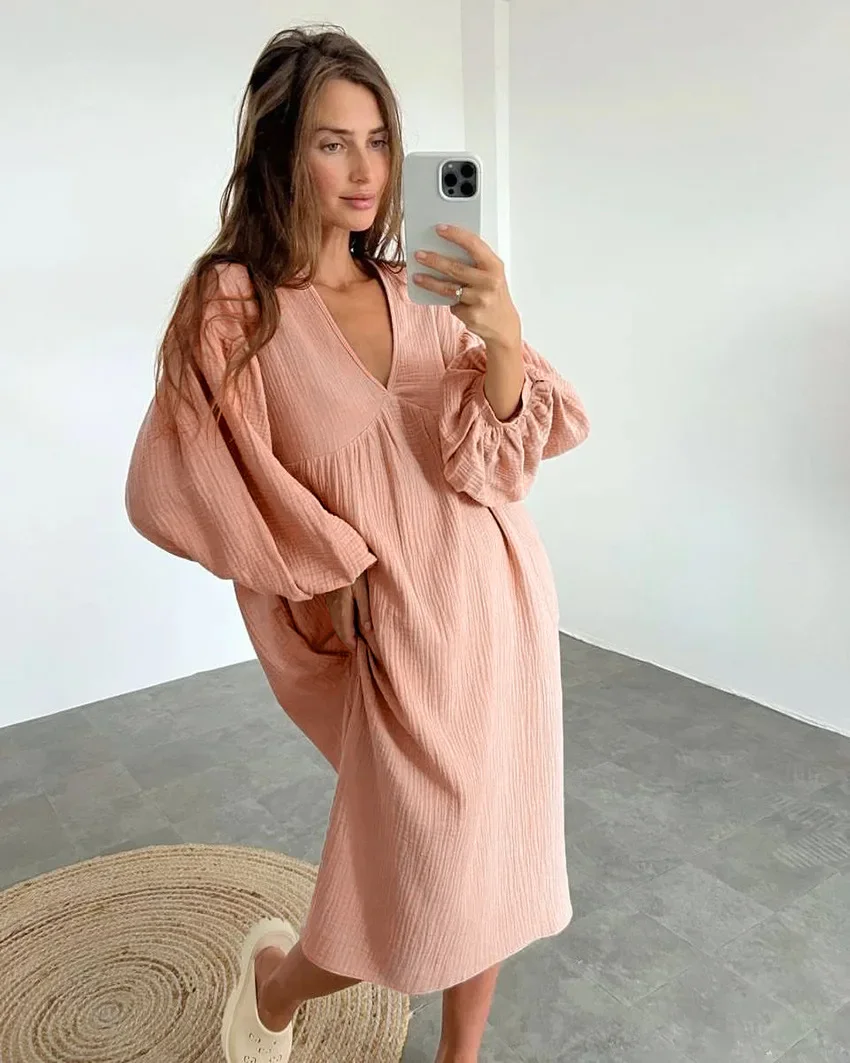 

Women's Cotton Dress 2023 New Elegant Casual Long Sleeve A-line Midi Dress Female Loose Fit Oversized Pink Home Wear Clothing