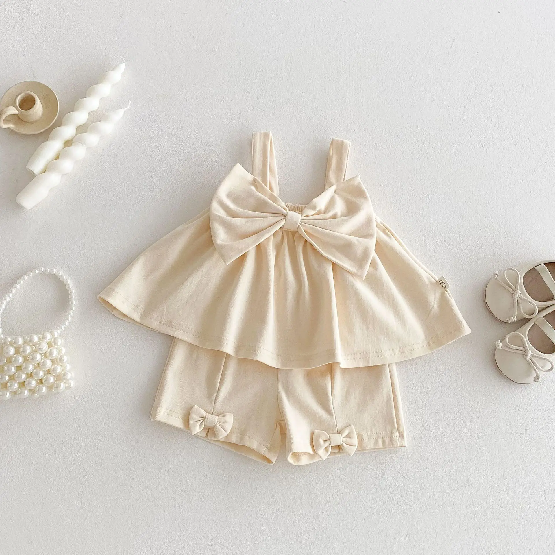 2026 Summer New Baby Girl Sleeveless Sling Clothes Set Cute Infant Girl Bow Vest 2pcs Suit Toddler Bow Shorts Outfits