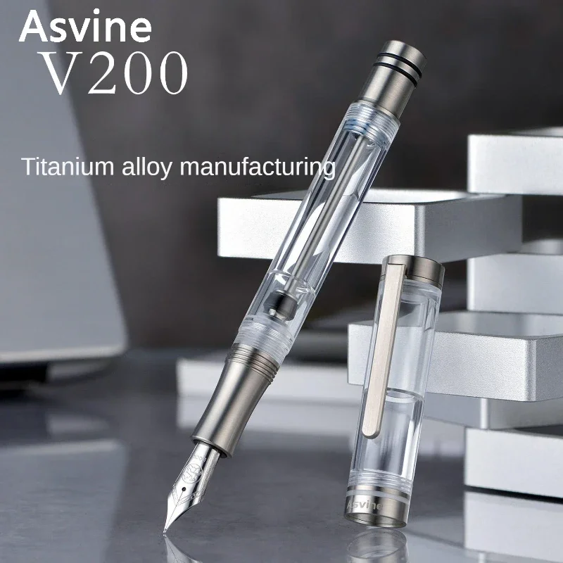 Smooth Asvine V200 Titanium Fountain Pen Vacuum Filling Asvine/ BOCK M/F/EF Nib Clear Transparent Acrylic Writing Pen Stationery