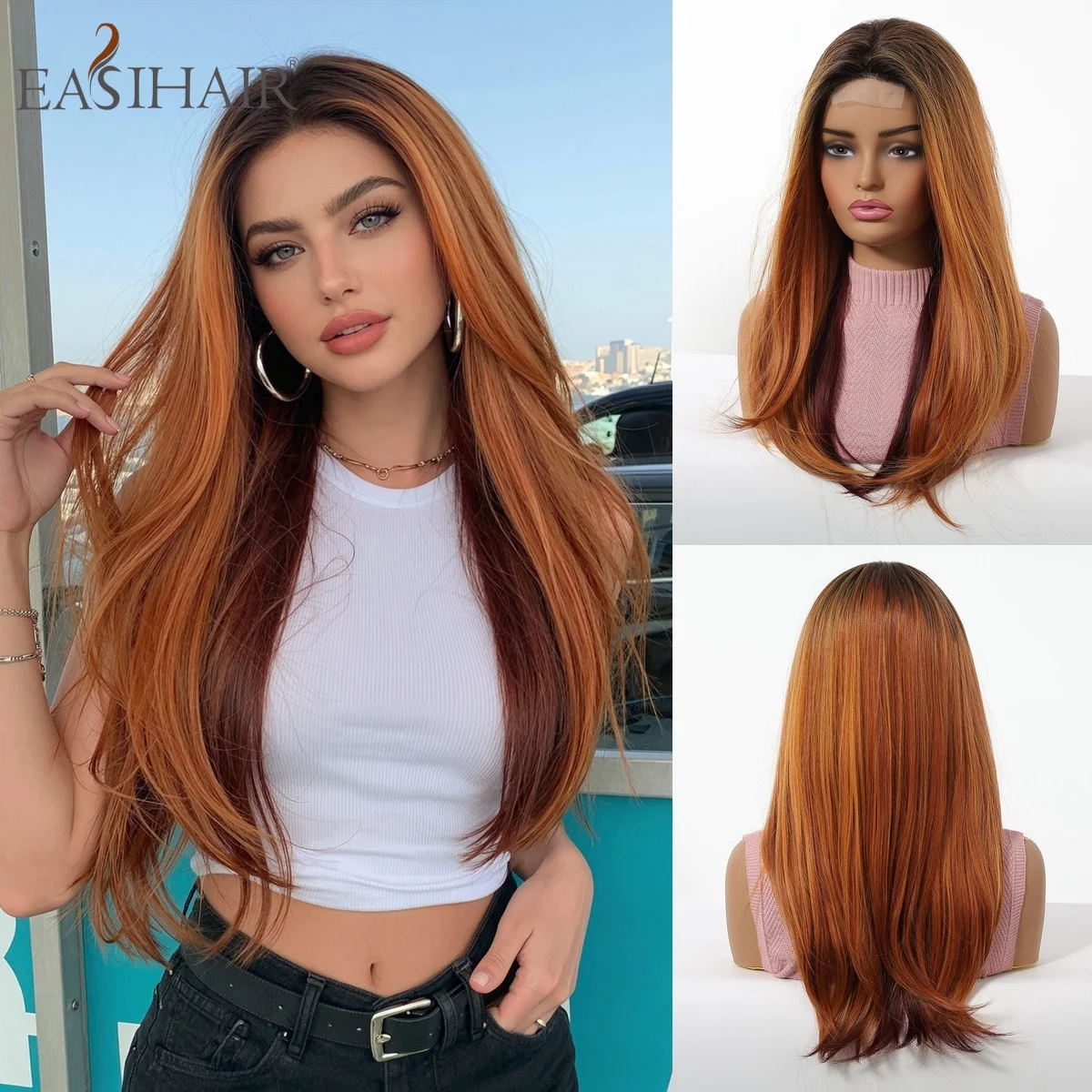 

T Part Lace Front Wig Orange Copper Ombre Long Wavy Synthetic Heat Resistant Fiber Natural Scalp for Women Daily Party Cosplay