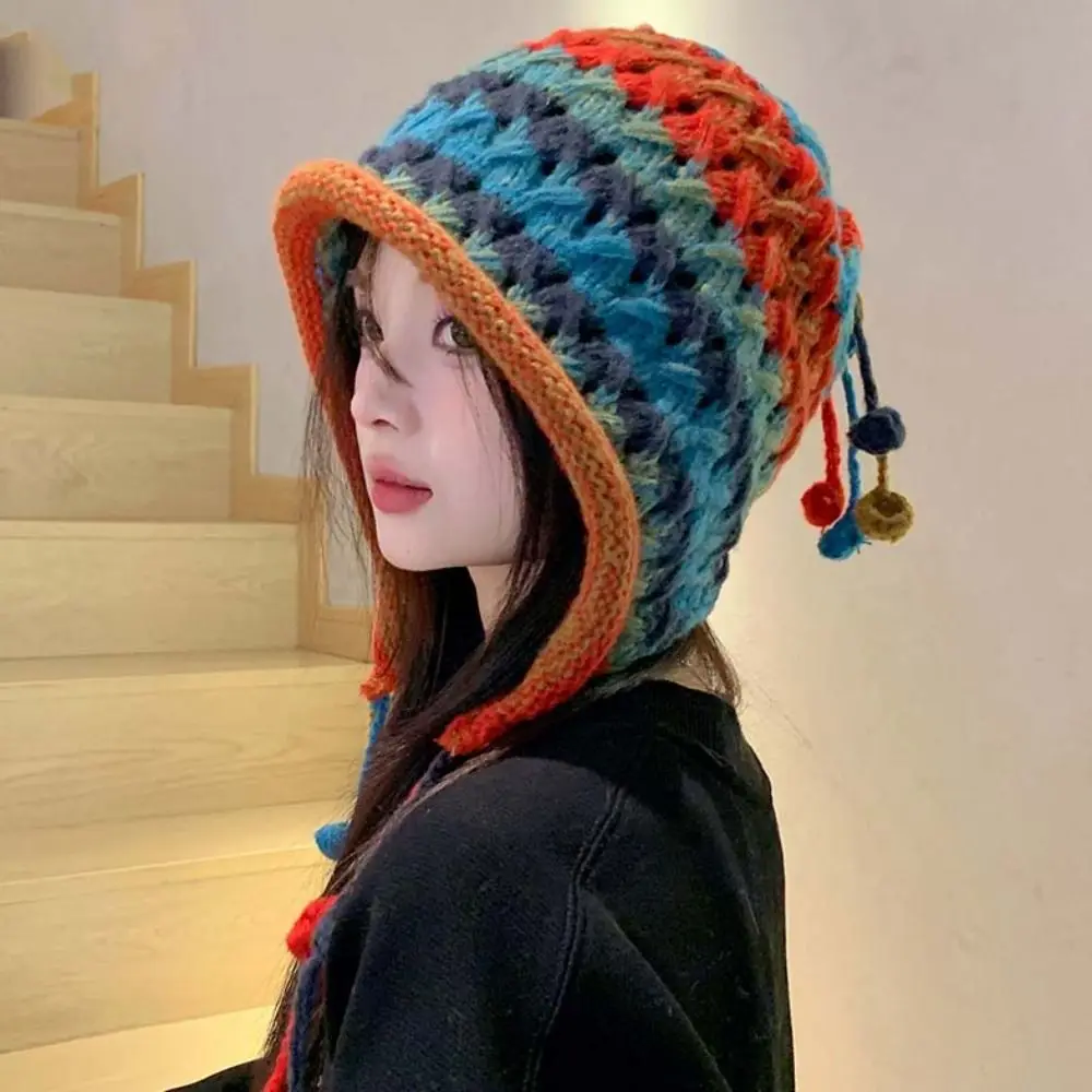 1 Pc Rainbow Knitted Beanie Winter Cap Japanese Style Skull Cap Ear Muff Cap Personality Apparel Accessories