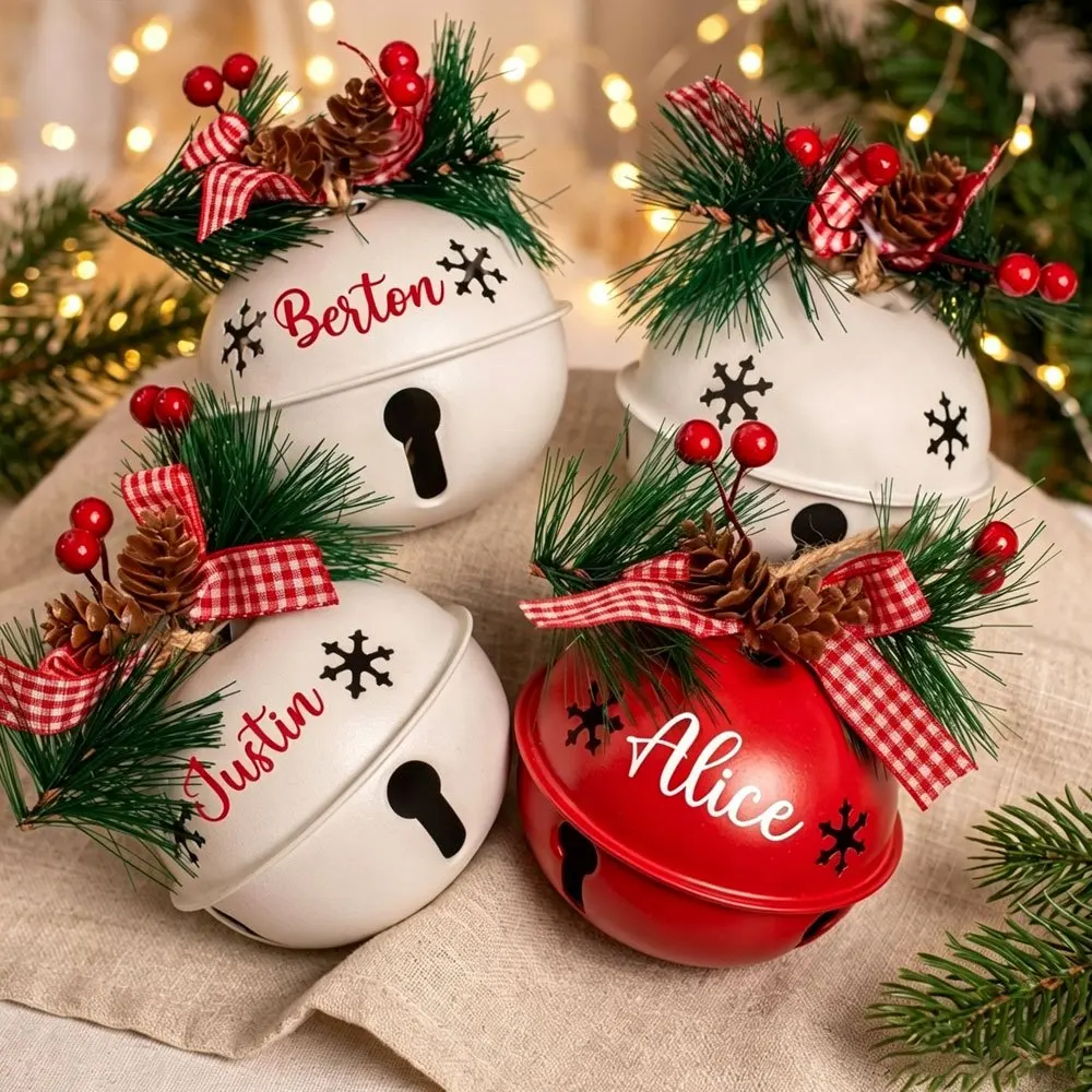 Custom Name Sleigh Bell Christmas Ornament, Red White Metal Jingle Bell with Pinecone Plaid Bow, Christmas Family Memory Gift.