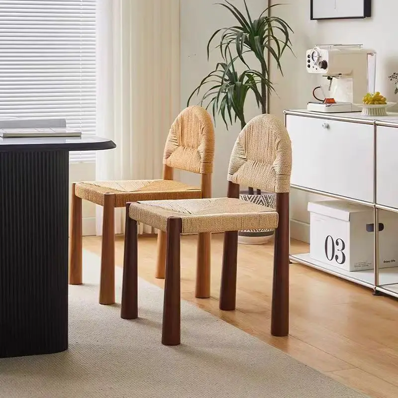 

Retro simple solid wood medieval aquatic grass weaving rattan chair B & B restaurant rattan weaving home