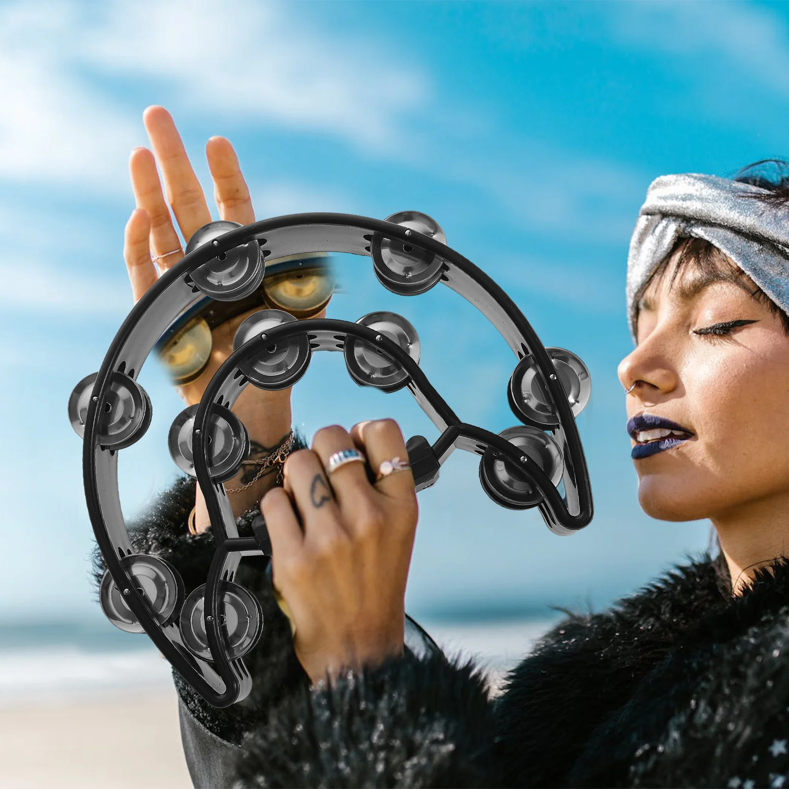 

Hand Jingle Tambourine Double Row Metal Percussion Instrument Rubber Handle For Party Music Concert Crisp Sound Moon