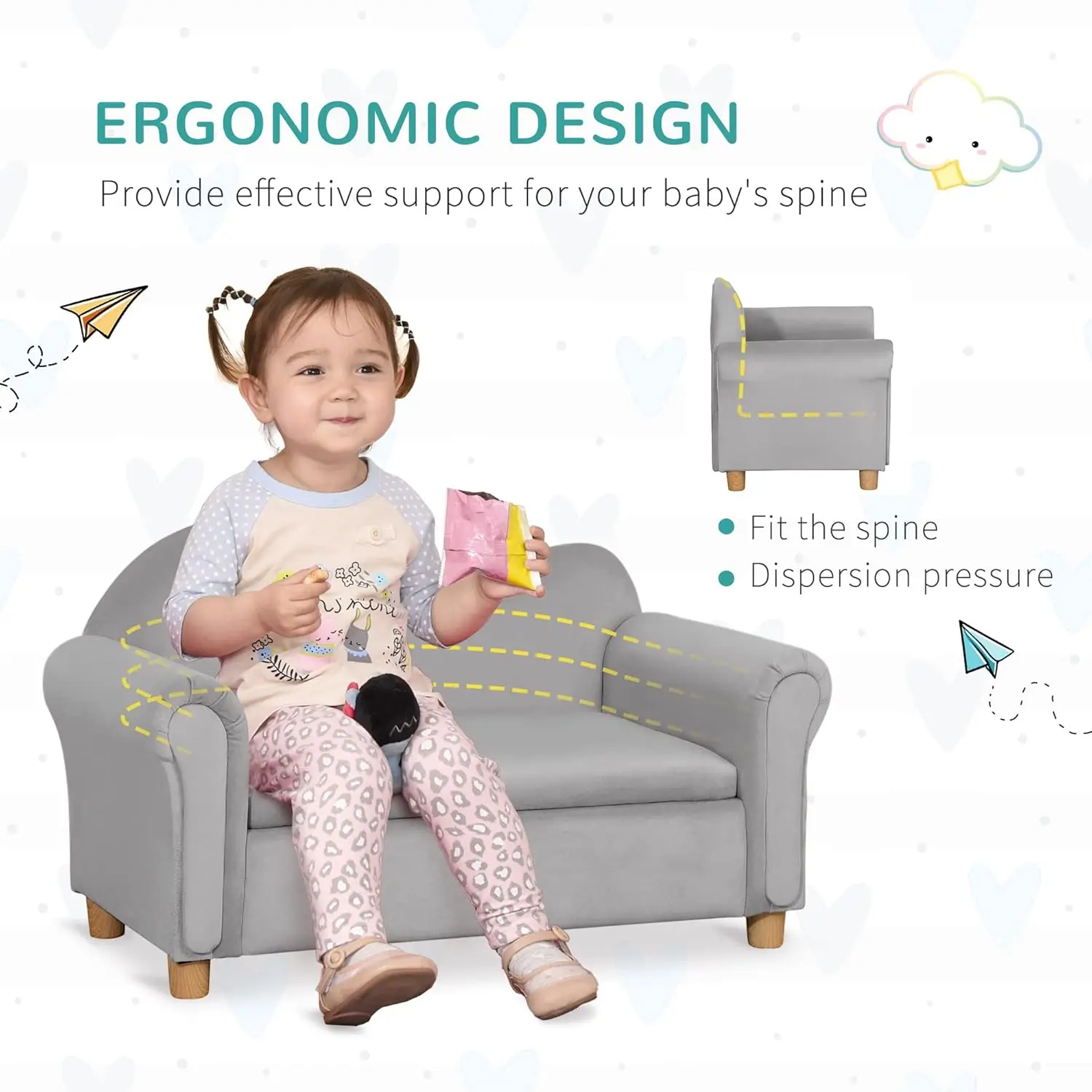 Sofa anak busa ergonomis dengan penyimpanan mainan dalam, Sofa anak-anak beludru dengan lengan lembut, furnitur Lounge anak-anak, abu-abu