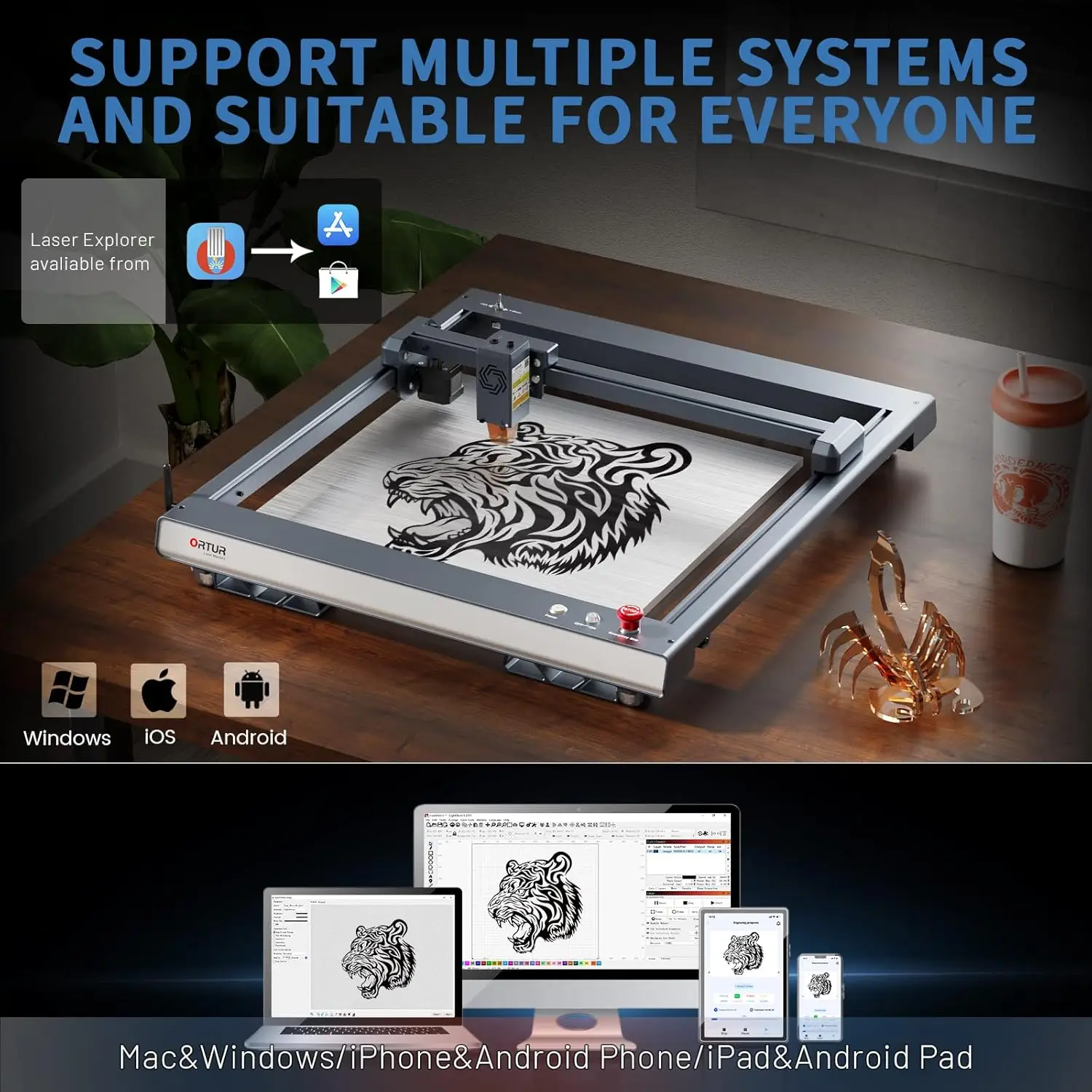 Ortur OLM3 LU2-10A 10 واط عالية الدقة سطح المكتب باستخدام الحاسب الآلي القاطع آلة الحفر بالليزر مع أرجل قابلة للطي لورق جلد الخشب