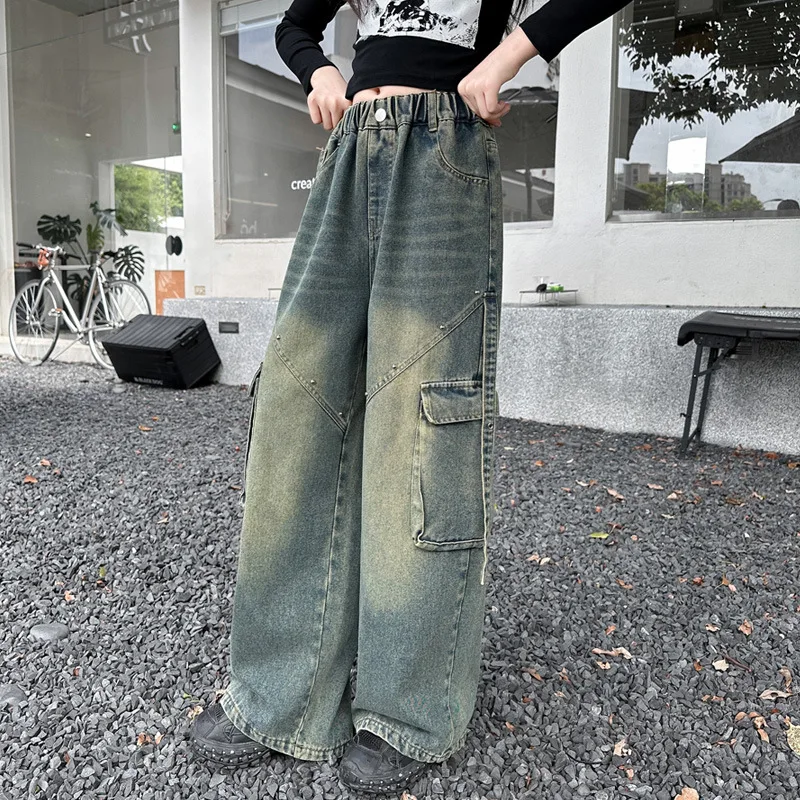جديد الخريف المراهقات البضائع الجينز مع جيب عالية الخصر بنطال ذو قصة أرجل واسعة الأطفال فضفاض الكورية الأزرق عارضة نمط السراويل #4