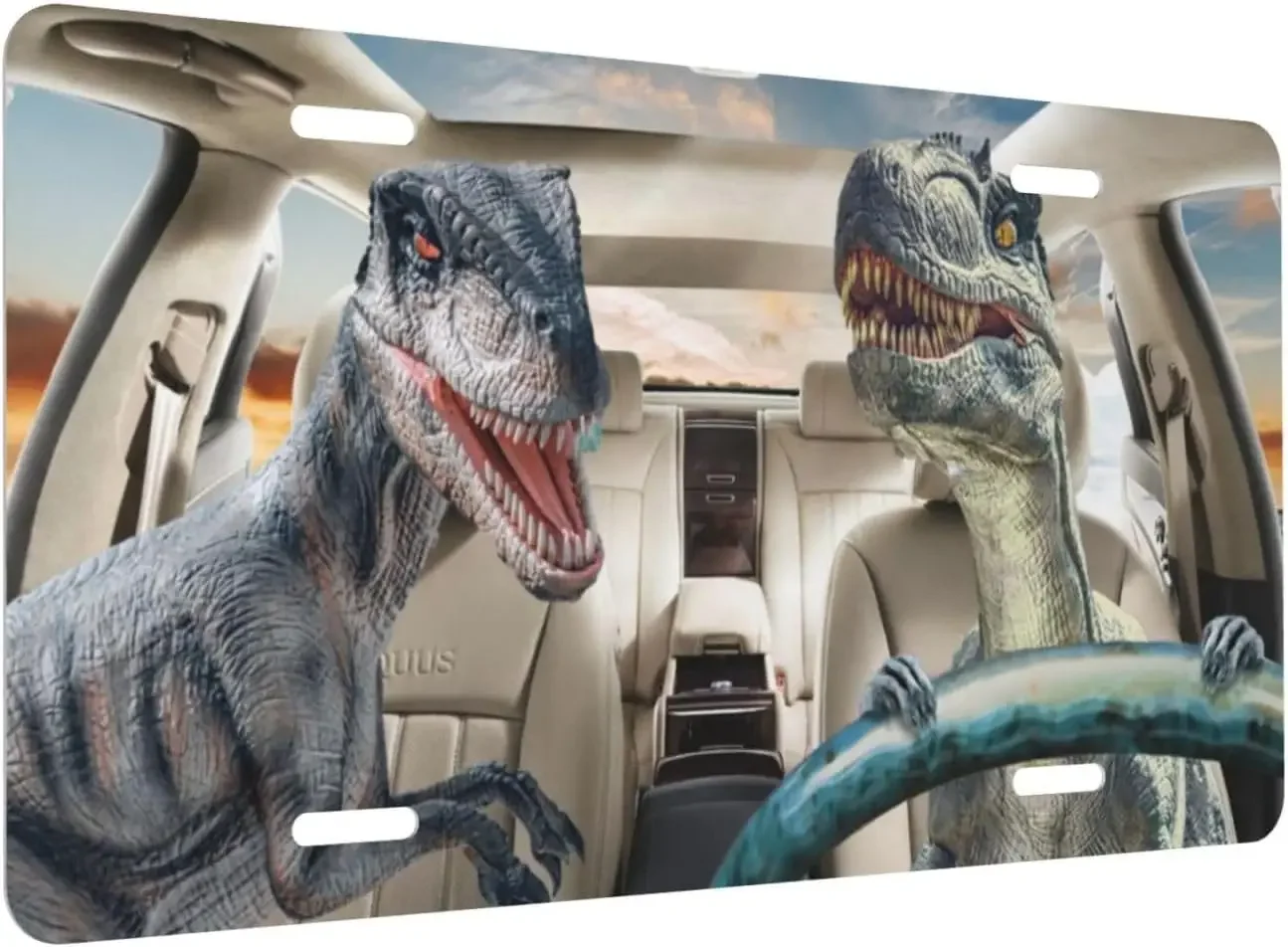 Dinosaur Driving Roar Car License Plate Aluminum Metal Car Plate Novelty Auto Decoration for US Vehicle Standard 6 X 12 Inch