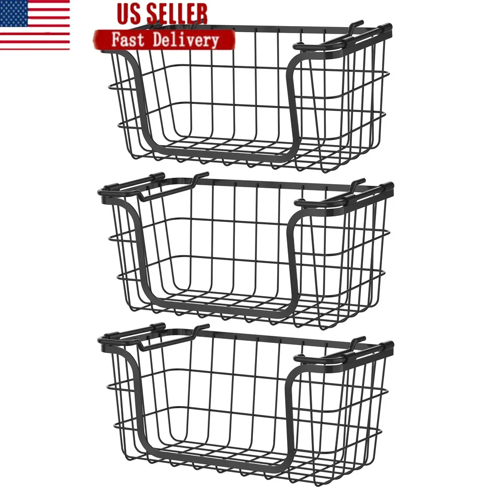 

Stackable Metal Wire Storage Basket Set of 3 Kitchen Bathroom Pantry Organization Easy Carry Handles Dipped Opening Modern