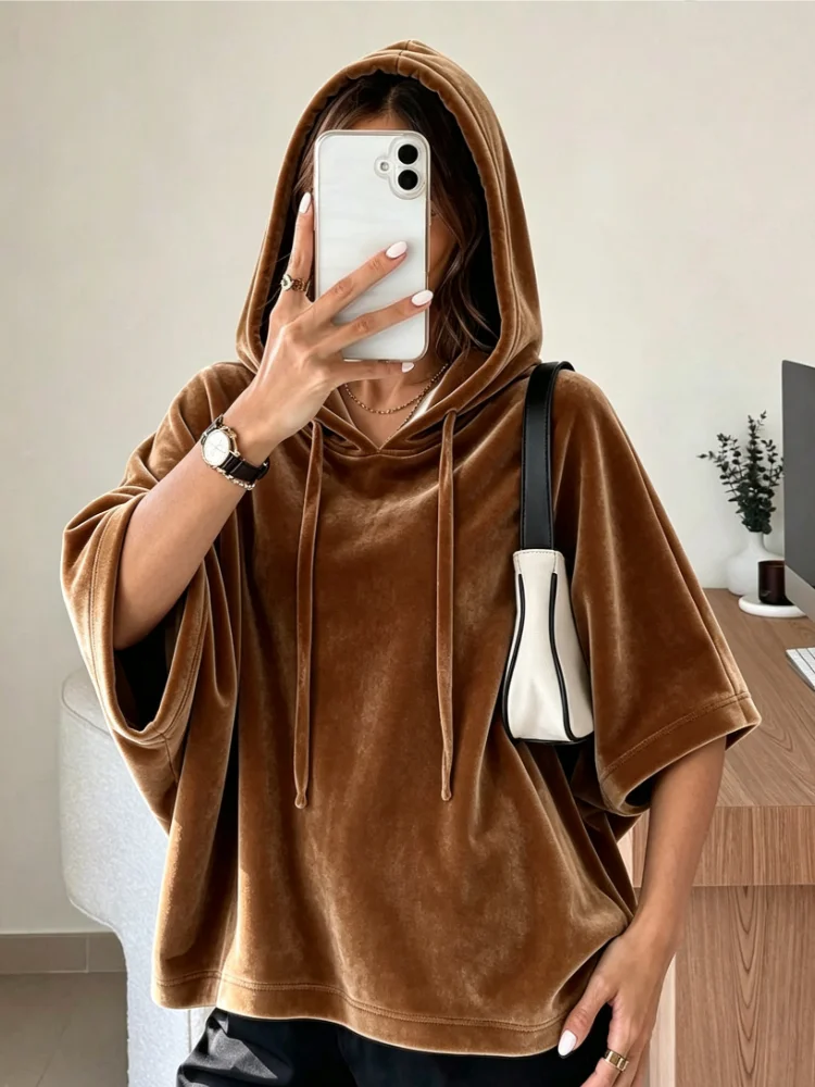 Fashion New Autumn Loose Fit Three Quarter Sleeve Solid Color Velvet Hooded Sweatshirt Spring Casual Women's Pullover Tops
