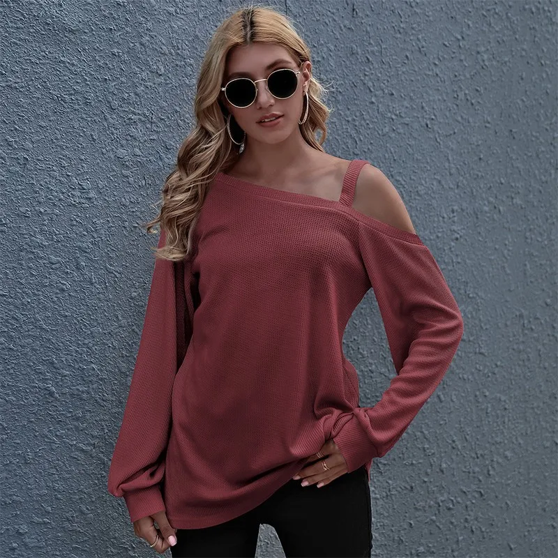 

Solid Color T-shirt Female Autumn and Winter Fashion Long-sleeved Streetwear Casual Sweet Beauty Sexy One-shoulder T-shirt Top