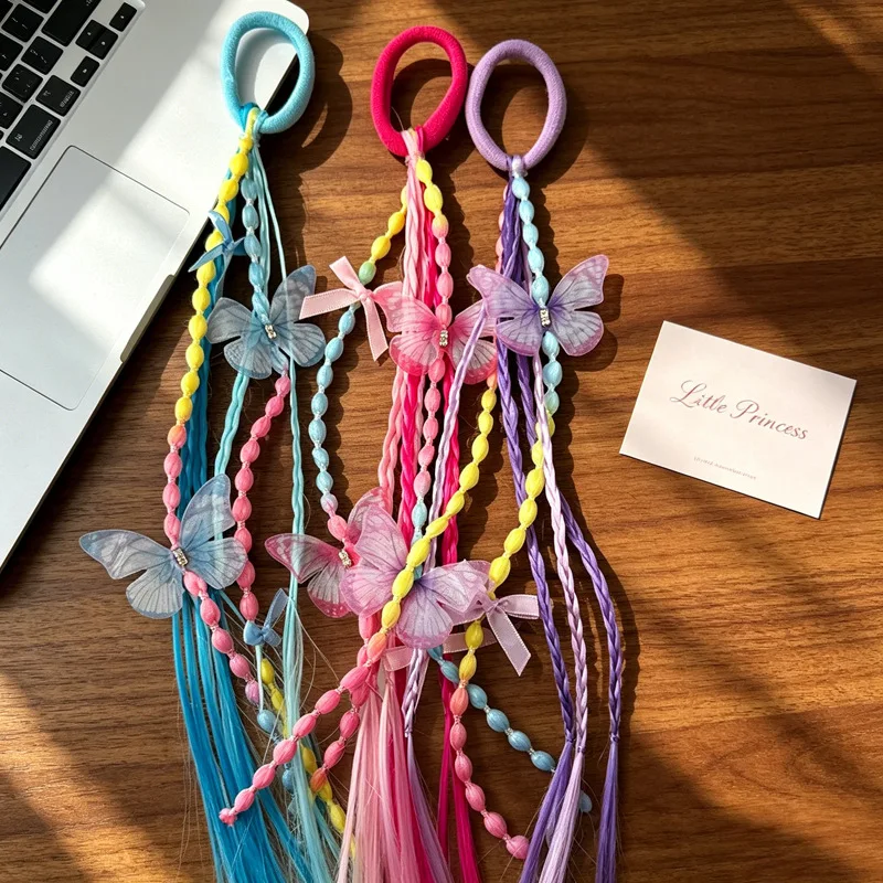 Neue 1-teilige geflochtene Perücke für Mädchen, Pferdeschwanz mit Schmetterlingsperlen, langer Quasten-Haarschleife für Frauen, Kleinkinder, Kinder, Party, Halloween, Cosplay – Detail 3