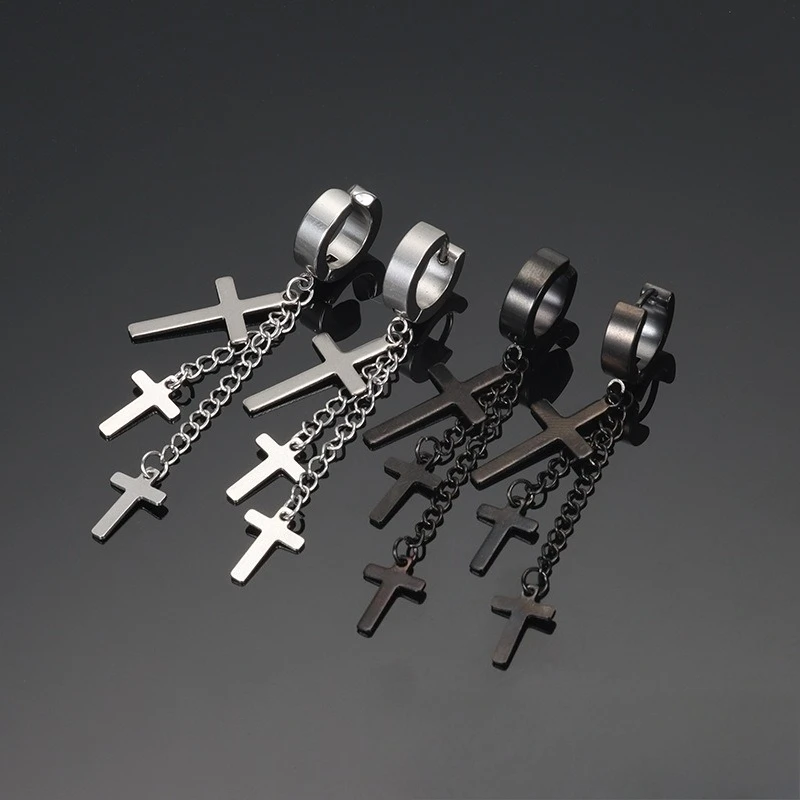 

A Pair of Trendy & Personalized Titanium Steel Chain Tassel Cross Pendant Earrings & Ear Clips for Pierced and Non-Pierced Ears