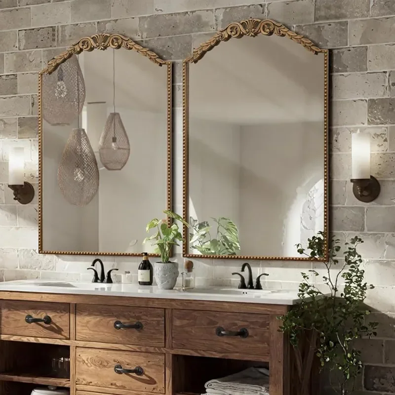 for French Retro Carved Enigma Mirror Old Gold Arched Decorative Mirror Living Room Background Wall Light Luxury Beaded Frame