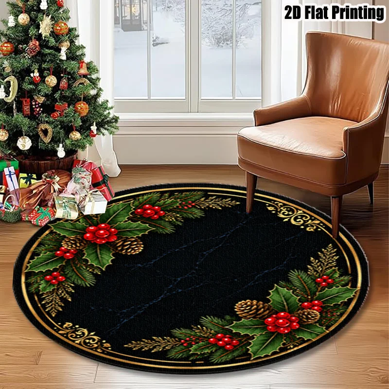 Velvet 2D Printed Round Rug, Christmas Red Fruit And Pinecone Pattern, Light Luxury Easy Design, Machine Washable All-Season Use, Suitable for Living RoomBedroomEntranceOfficeStudy, Warm Home Decor Essential, Fits Modern Easy Style