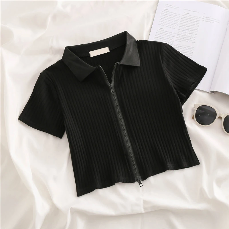 Women Lapel Knitted Short Sleeve T-Shirts Summer New Zipper Fly Above Navel Crop Tops Korean Simple All-Match Skinny Slim Tees