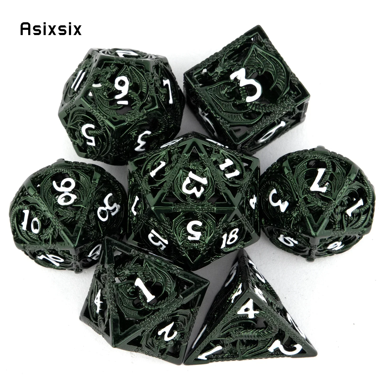 

7 Pcs Green White Dragon Metal Dice Dragon Hollow Metal Polyhedral Dice Set Suitable for Role-Playing RPG Board Game Gift