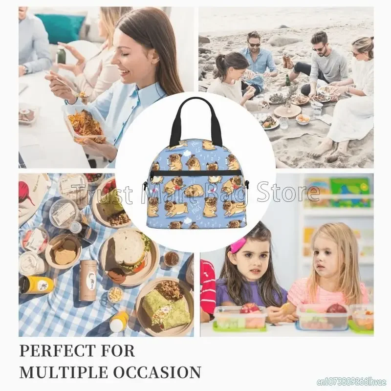 Cute Pug Dog Insulated Lunch Bag for Women Kids Thermal Lunch Box Portable Cooler Tote Bags for School Work Picnic Beach Travel