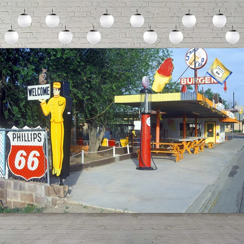

Фон для фотосъемки Route 66, АЗС, Придорожный круглосуточный магазин, ретро-ресторан, баннер, тематические украшения для вечеринок, фон