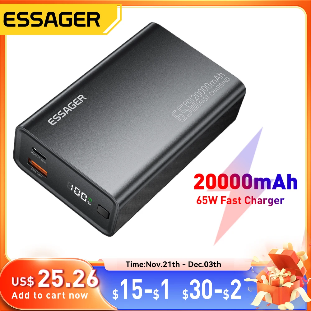 Essager Power Bank 20000mAh Portable PD 65W Fast Charging  Mobile Phone External Battery Powerbank For Phone Laptop Tablet Mac