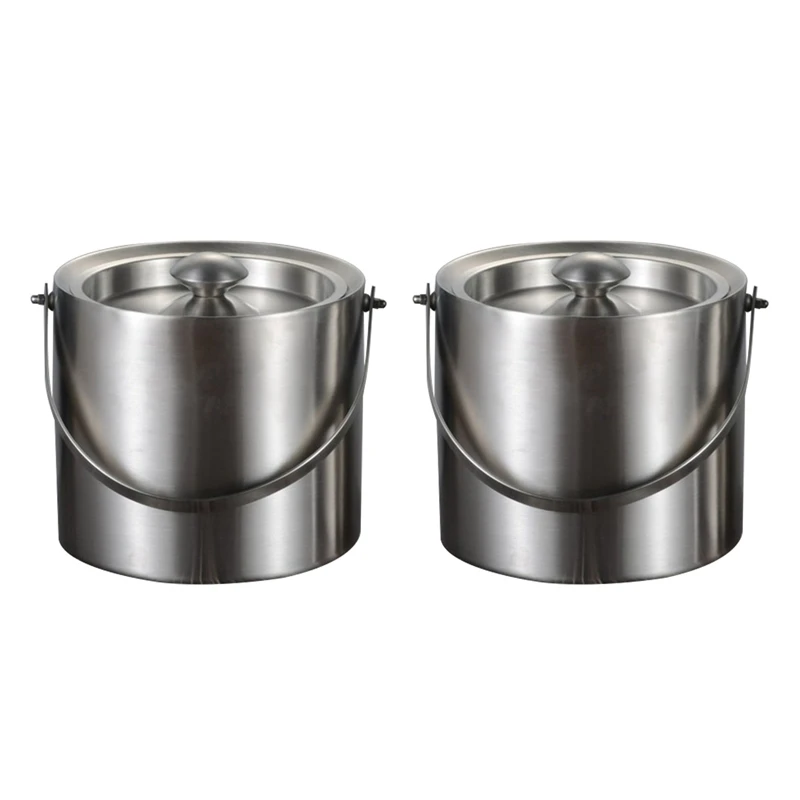 2X 3L 2 Tier Stainless Steel Insulation Ice Bucket With Lid Handle For Wine Champagne Bar Ktv